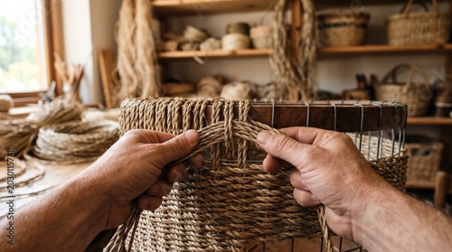 Close-up of a craftsman's hands weaving a basket using natural straw fibers in a traditional workshop environment