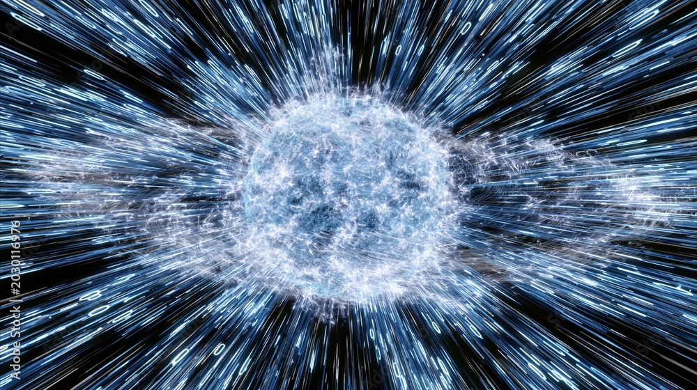 Obraz premium Abstract Digital Explosion of Blue Energy with Outward Streaks on Black Background