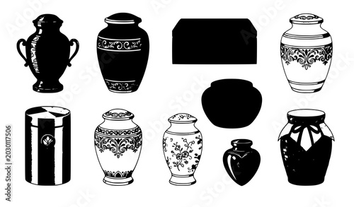 Photography Different funeral cremation urns collection vector illustration memorial vessel