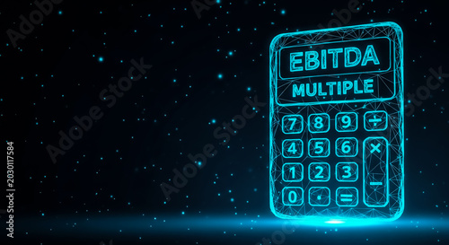 Futuristic neon-glowing calculator displaying 'EBITDA MULTIPLE' on a dark starry background, symbolizing financial analysis.