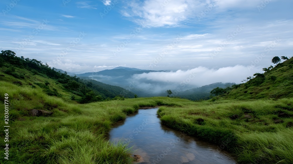 Fototapeta premium An expansive view of rolling green hills shrouded in morning mist and blue sky