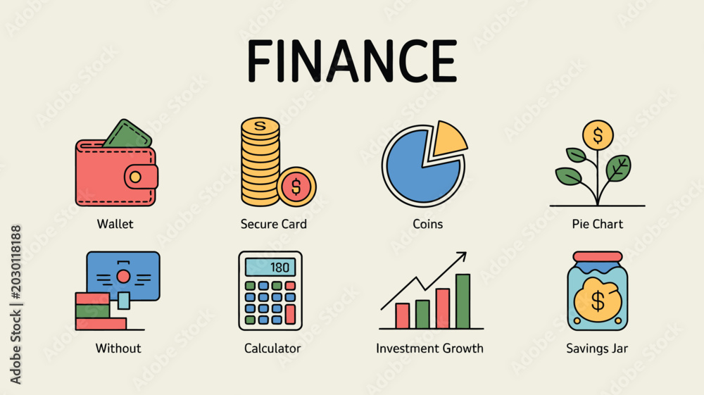 Obraz premium Finance icon set with 8 flat line vector elements, banking and investment symbols, money management and savings jar graphics for business apps