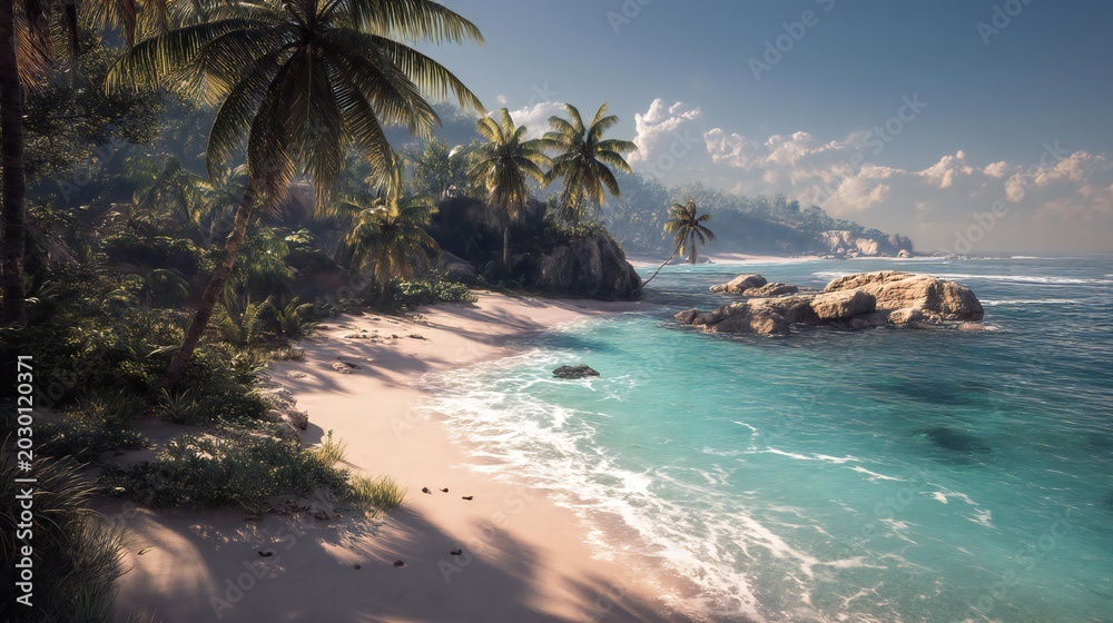 Naklejka premium Serene tropical beach featuring golden sand, swaying palm trees, clear turquoise water, and rocky outcrops under bright sunlight with scattered clouds.
