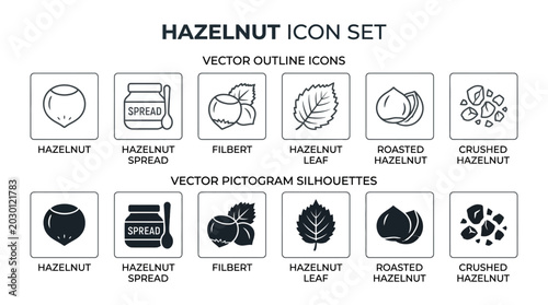 Hazelnut Icon Set Vector Illustration Showing Filbert and Spread Designs