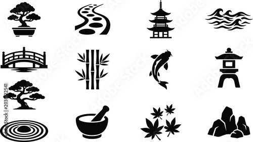 Canvas Print Japanese Zen Icon Set with Nature Elements and Architecture