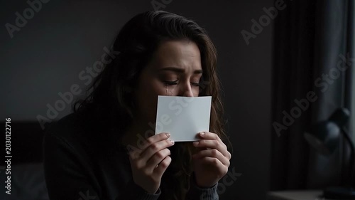 Woman cries looking at a photograph, remembering past moments