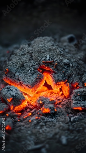 Glowing charcoal embers burn intensely within a dark hearth, radiating heat and orange light from the smoldering ash.
