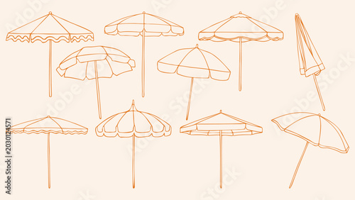 Canvas Print Beach umbrella set with sunshade parasols, orange outline doodle flat retro style