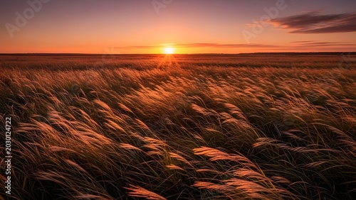 Wheat field glows under the warm light of a golden sunset as the wind ripples across the ripening grain crops.