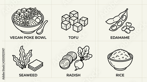 Vegan Poke Bowl Ingredients and Rice Vector Illustration with Seaweed