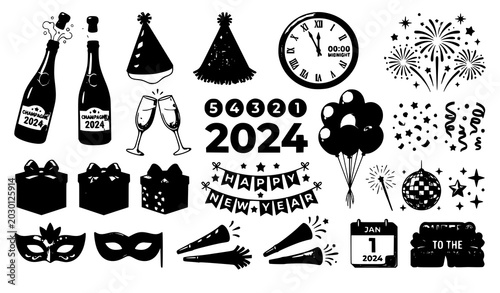 Canvas Print Different New Year’s Eve objects collection vector illustration festive celebrat