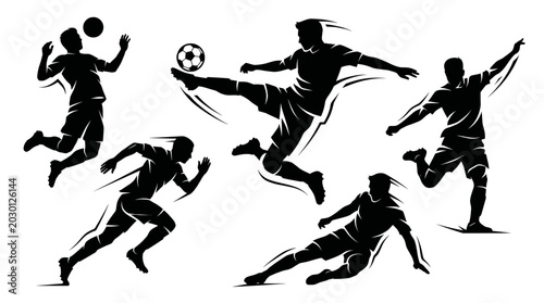 Fotografie Collection of powerful soccer player silhouettes in mid-air kicking action on isolated white background