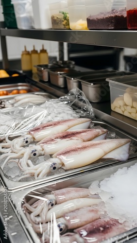 Squid rests on a bed of crushed ice within a commercial kitchen metal preparation tray for culinary use.