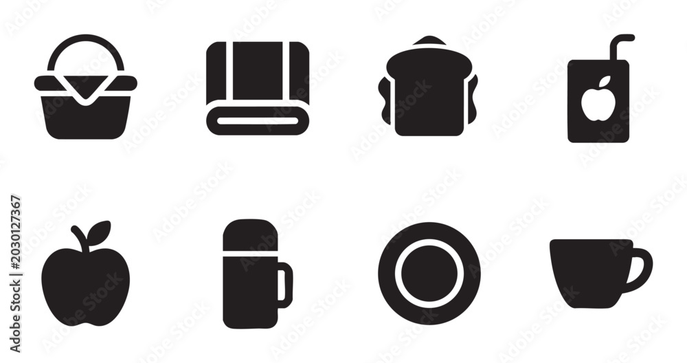 Fototapeta premium A collection of simple black silhouette icons representing items for a picnic, including a basket, blanket, sandwich, juice box, apple, thermos, plate, and cup.