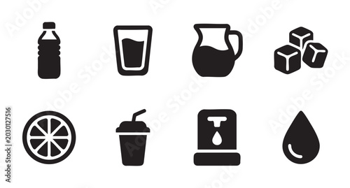 A collection of black and white vector icons featuring various drink-related items like a water bottle, glass, pitcher, ice cubes, and a slice of orange.