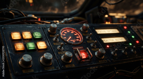 Retro futuristic control room interior with analog technology cinematic lighting and vintage sci fi atmosphere