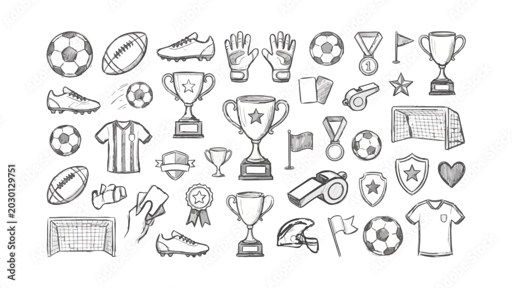 Fototapeta premium Hand Drawn Soccer Football Doodle Vector Set Sketch Line Art Equipment Trophy Boot Whistle Medal Sports Branding Logo Banner Sticker
