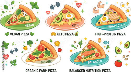 Photography Healthy Dietary Pizza Slice Vector Set Featuring Vegan Keto High Protein Organic