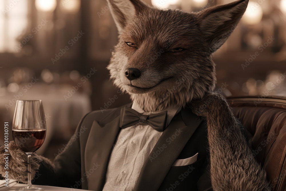 Obraz premium Sophisticated anthropomorphic fox in a tuxedo enjoying a glass of red wine at a formal dinner.