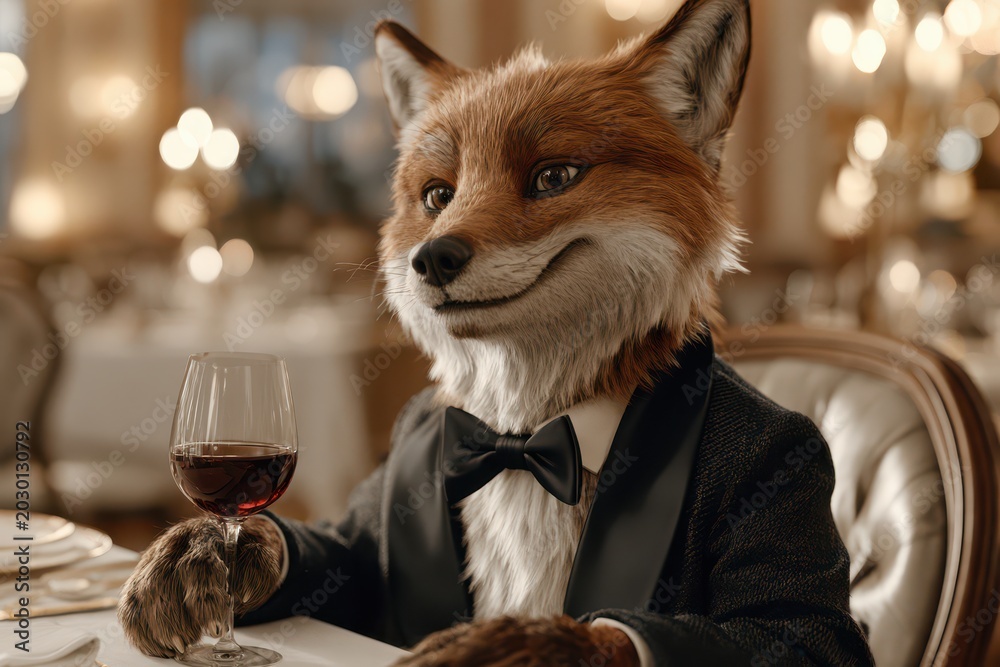 Fototapeta premium Anthropomorphic fox in a tuxedo holding a glass of red wine at a fancy restaurant