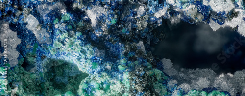 Foto White Hemimorphite Acicular Crystals with Azurite and Malachite from Altai