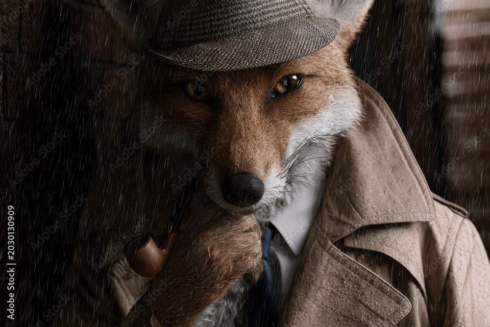 Obraz premium A mysterious anthropomorphic fox detective in a trench coat and fedora, smoking a pipe in the pouring rain.