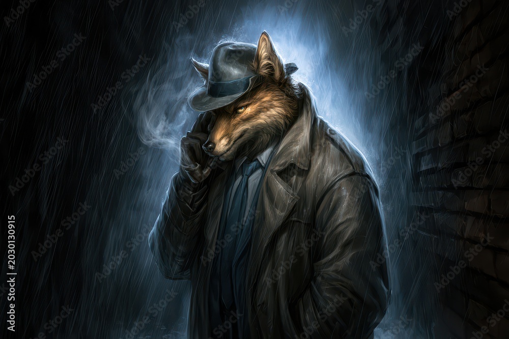 Obraz premium Anthropomorphic fox detective in a fedora and trench coat smoking a pipe in the rain at night.