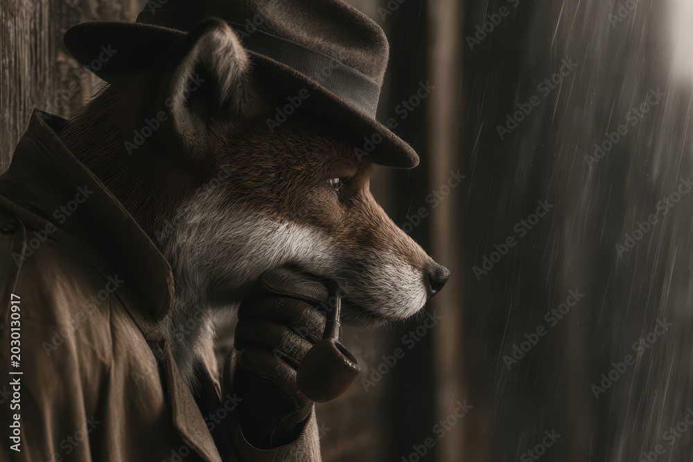 Obraz premium Anthropomorphic fox detective in a trench coat and fedora smoking a pipe in the rain