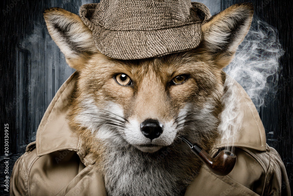 Obraz premium Anthropomorphic fox detective in a trench coat and hat, smoking a pipe with smoke swirling around its head.