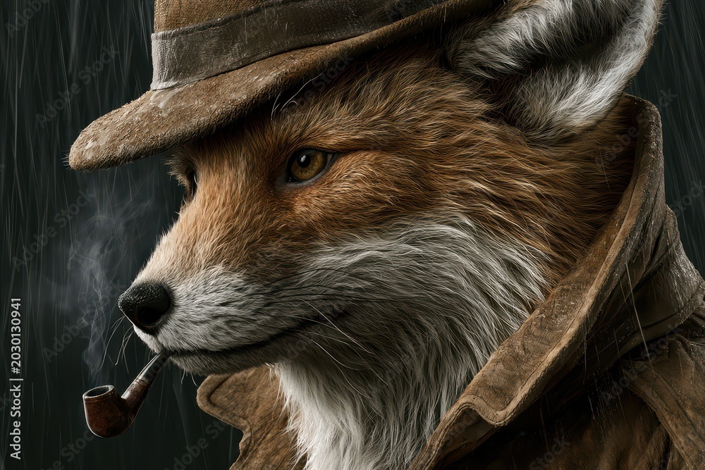 Fototapeta premium A sophisticated fox wearing a fedora and trench coat, smoking a pipe in the rain, with a contemplative expression.