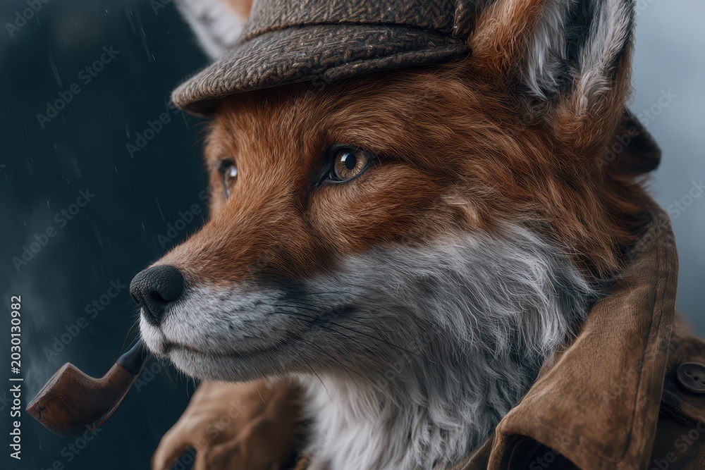 Obraz premium Anthropomorphic fox wearing a tweed cap and trench coat, smoking a pipe, in a moody, atmospheric setting with rain.