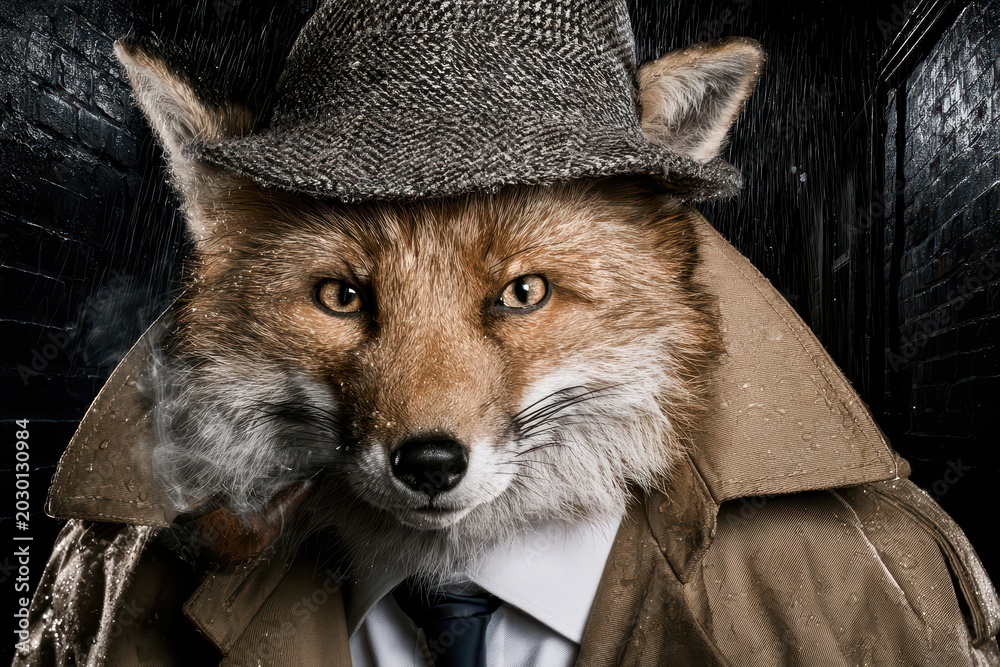 Obraz premium A mysterious fox detective in a trench coat and hat, smoking a pipe in the rainy night.
