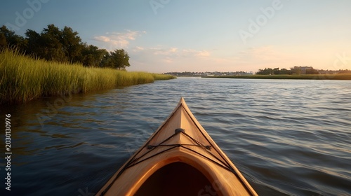 A tranquil landscape featuring lush green reeds along the water s edge under soft morning or evening light