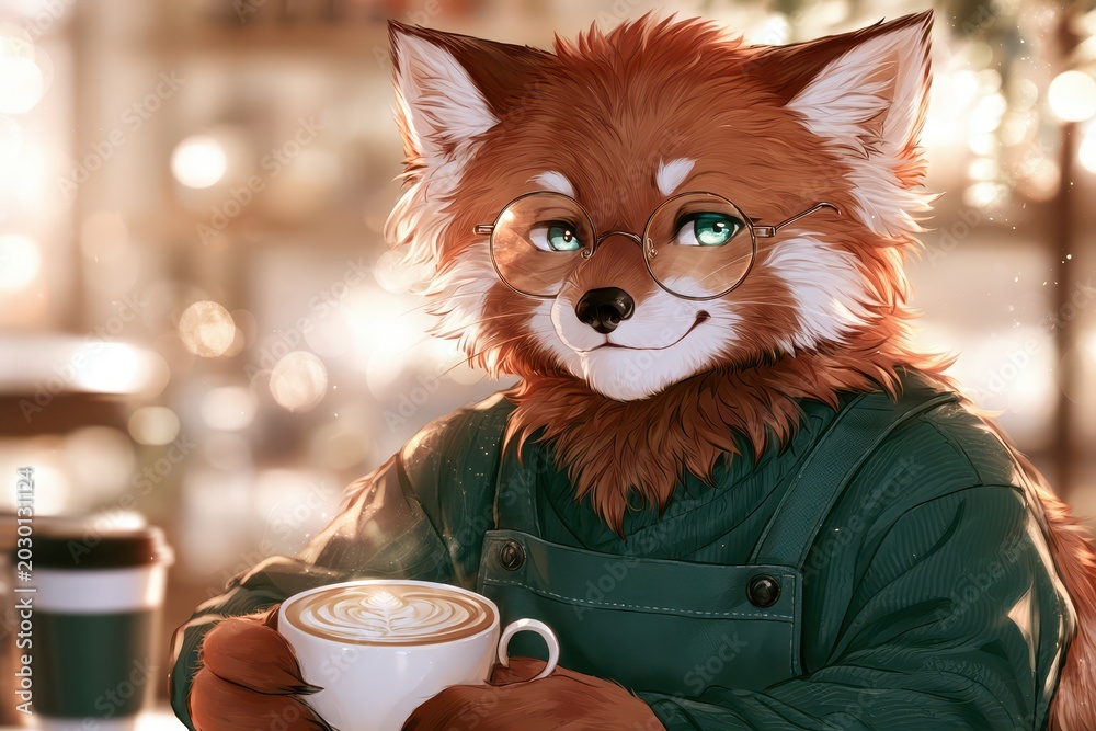 Obraz premium Anthropomorphic fox wearing glasses and a green apron, holding a latte with latte art in a cozy cafe.