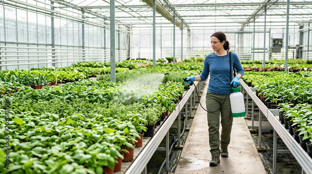 Naklejka premium Female agricultural worker spraying pesticide on plants in a commercial greenhouse. Woman wearing safety glasses and gloves applying liquid treatment to herbs. Horticulture and farming concept