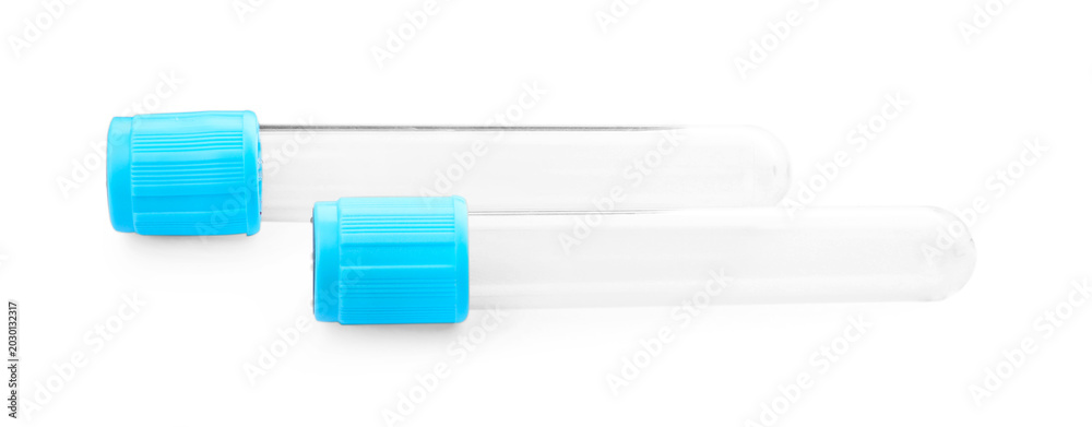 Fototapeta premium Two empty test tubes with caps isolated on white. Laboratory glassware