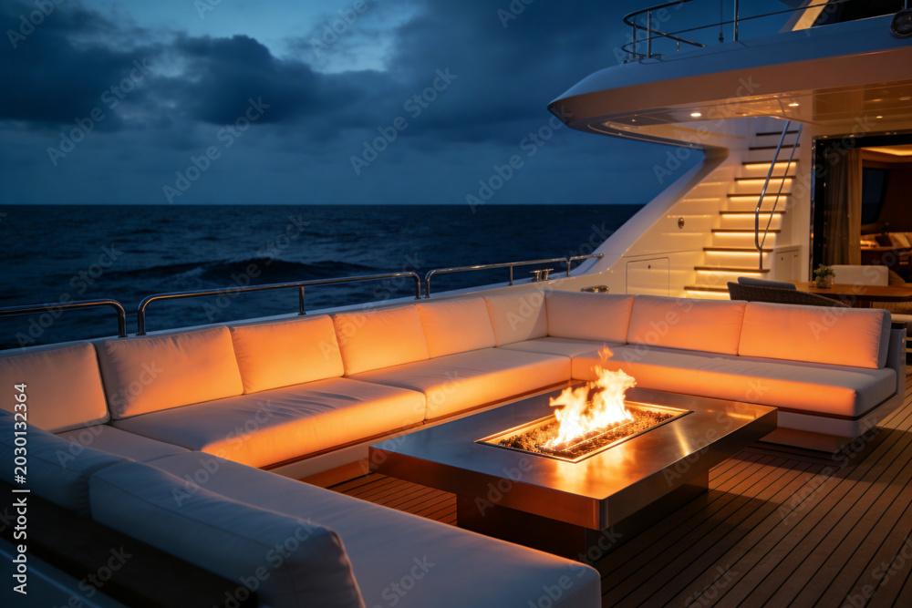 Fototapeta premium Luxury yacht deck with illuminated sectional sofa and fire pit at dusk