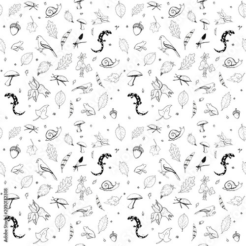 Hand drawn seamless botanical pattern in black and white with leaves, acorns, flower, snail, beetle, feather, mushroom, bird, dragonfly, salamander, and frog.