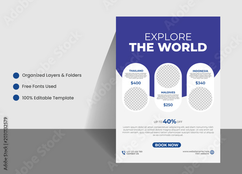 travel flyer Design Modern travel agency flyer template and corporate tourism promotion brochure design set featuring clean layouts with realistic professional business marketing presentation