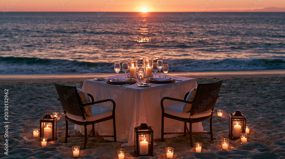Fototapeta premium Sunset dinner setup at beach with candles and chairs by the water