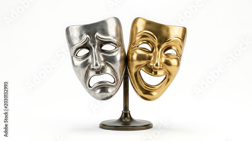 Golden happy and silver sad theatrical comedy and tragedy masks mounted on a sturdy bronze stand against a clean white background