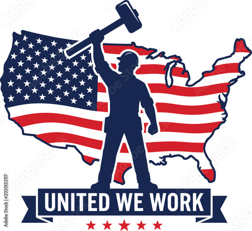American worker silhouette with us map and stars patriotic labor illustration