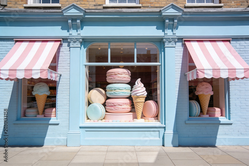 Pastel colored macarons and ice cream cones in a bakery window display