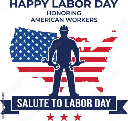 Labor day graphic with silhouette of worker holding wrench in front of american flag