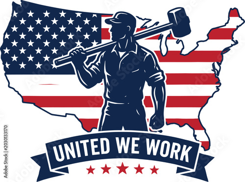 American worker emblem vintage style illustration with us map and construction worker silhouette