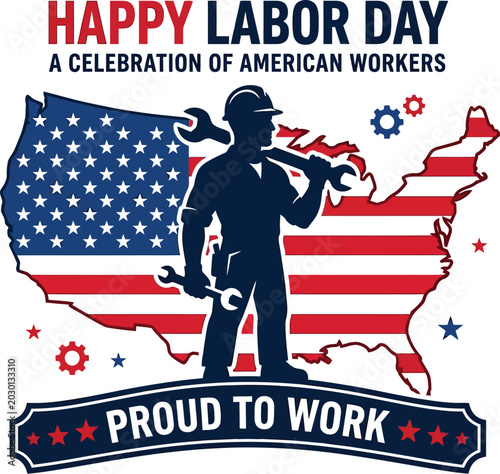 Labor day illustration with american worker silhouette and usa map patriotic holiday graphic