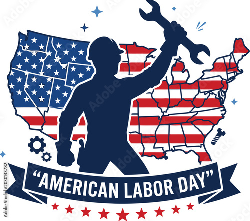 American labor day illustration with worker silhouette and usa map background patriotic design