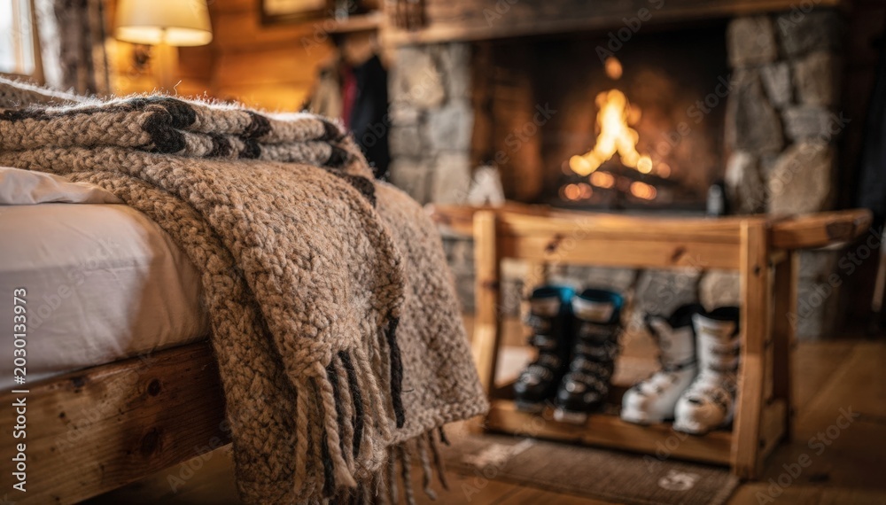 Fototapeta premium Rustic family suite showcasing thick wool blankets in focus with blurred ski boots below open rack and roaring fireplace in background ready for apresski relaxation.