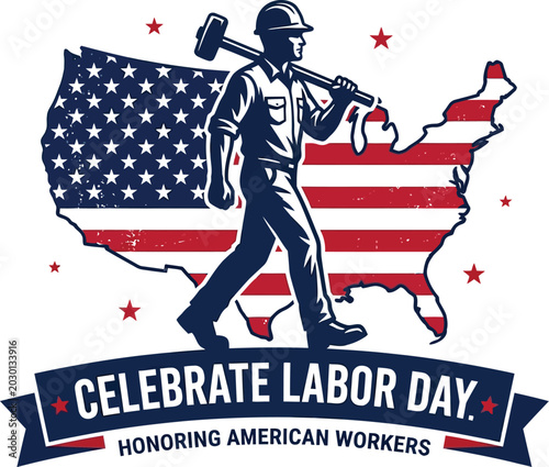 Labor day illustration construction worker with american flag and usa map patriotic design