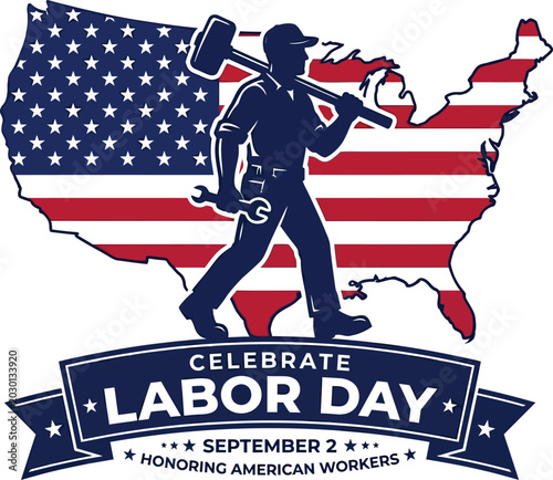 Labor day illustration american worker with tools and usa map background for holiday marketing